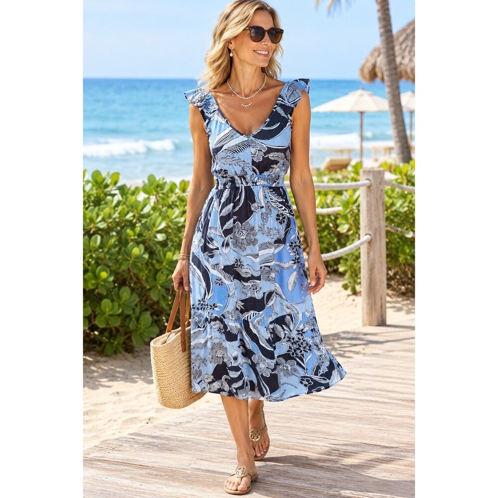 Loft Outlet Floral Ruffle Dress Women's S Blue Sundress V Neck Beach Coastal New